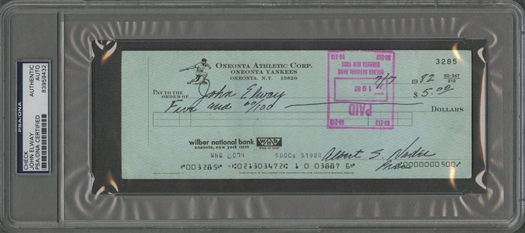 1982 John Elway Signed Oneonta Yankees Minor League Payroll Check (PSA/DNA)